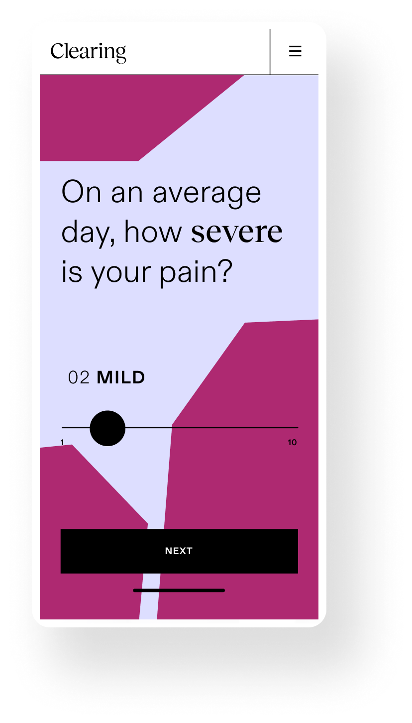 Smartphone screen showing pain scale questionnaire